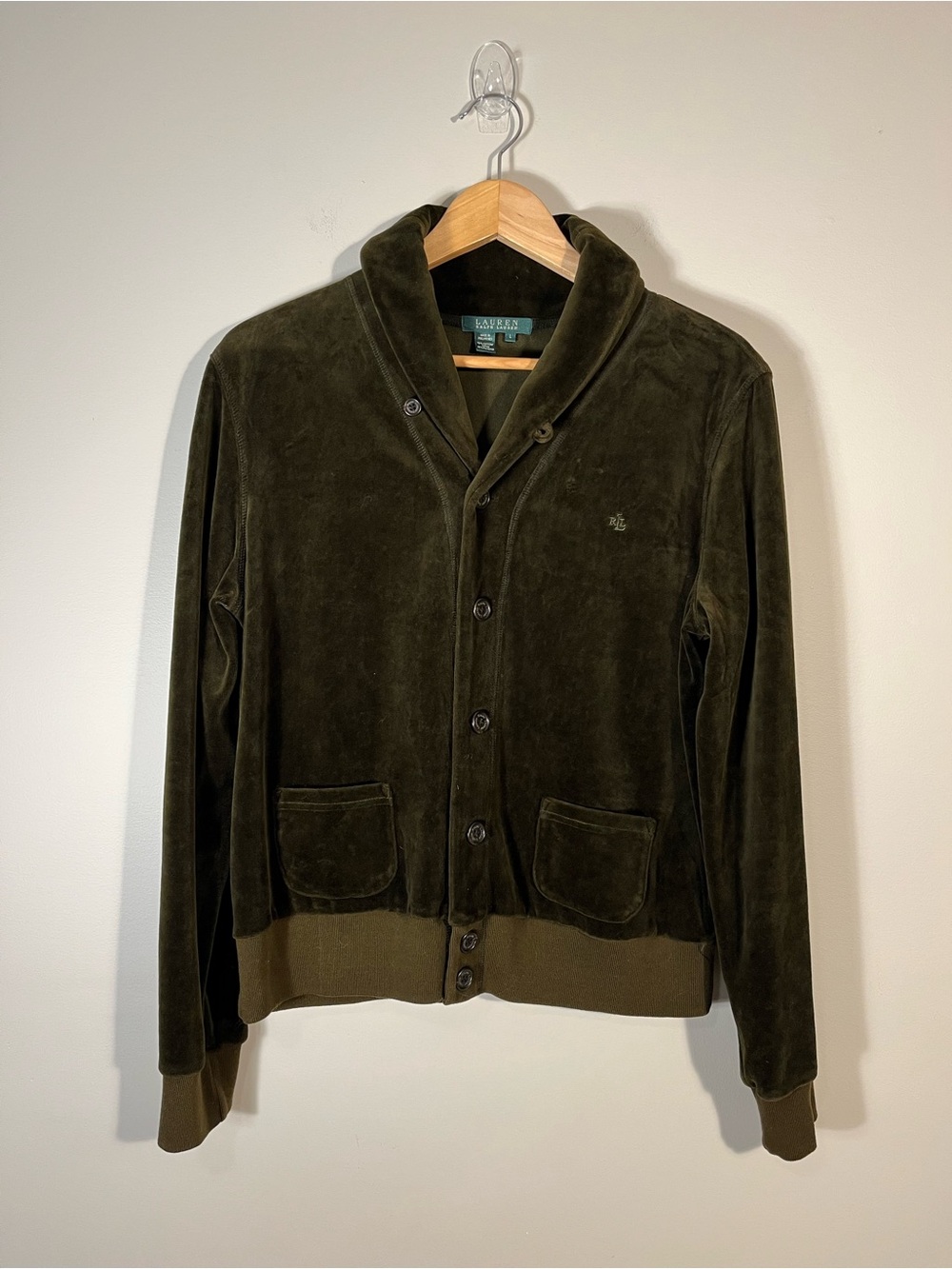 Lauren Ralph Lauren Vintage Olive Green Velvet Velour Shawl Collar Jacket Large - Picture 2 of 13